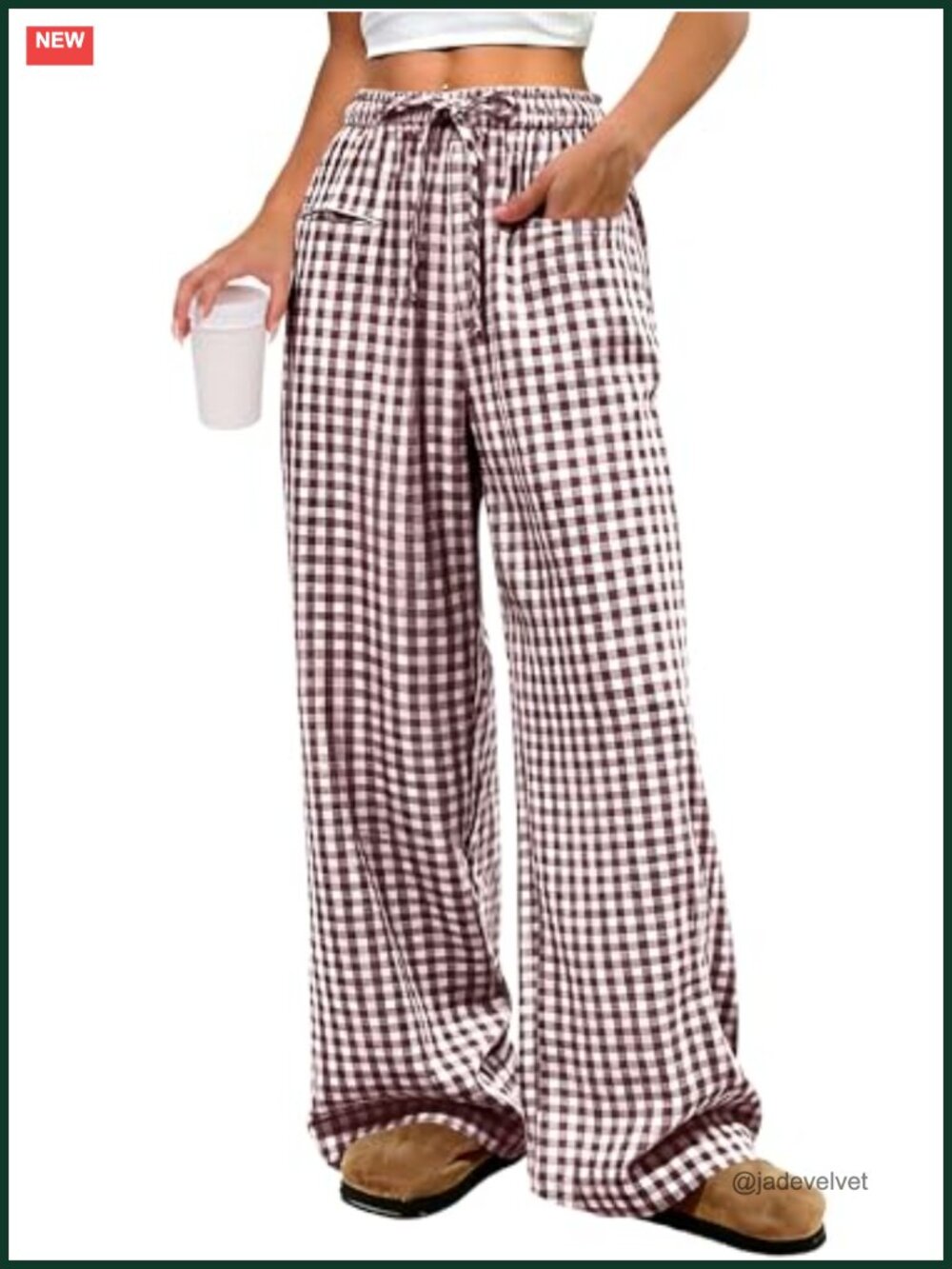 Womens High Waist Wide Leg Plaid Pants with Pockets 100% Rayon Drawstring